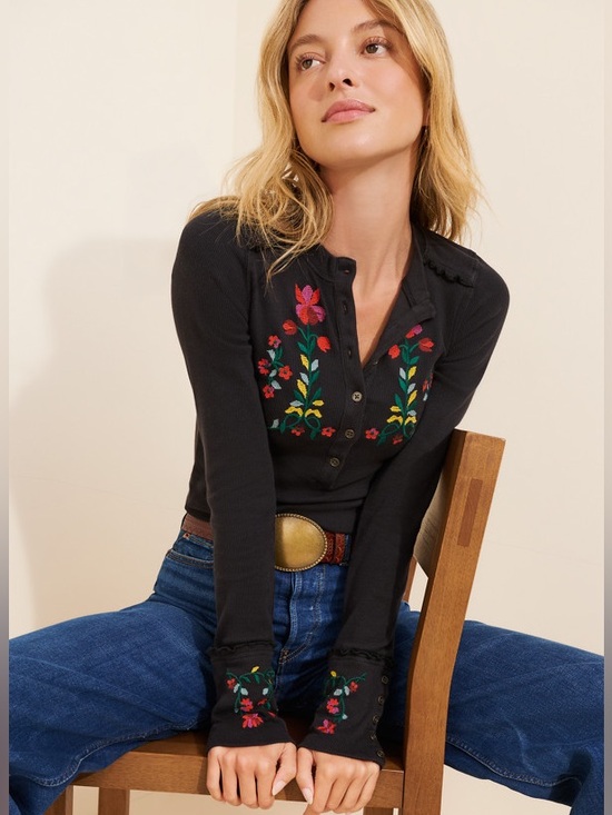 Free People Tops - Free People Black Long-Sleeve Henley with Colorful Floral Embroidery